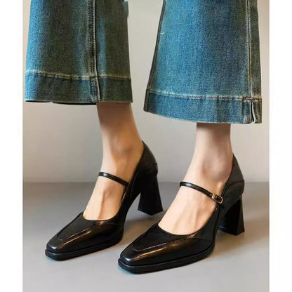 Mary Heel Chunky Faux Jane Shoes Leather