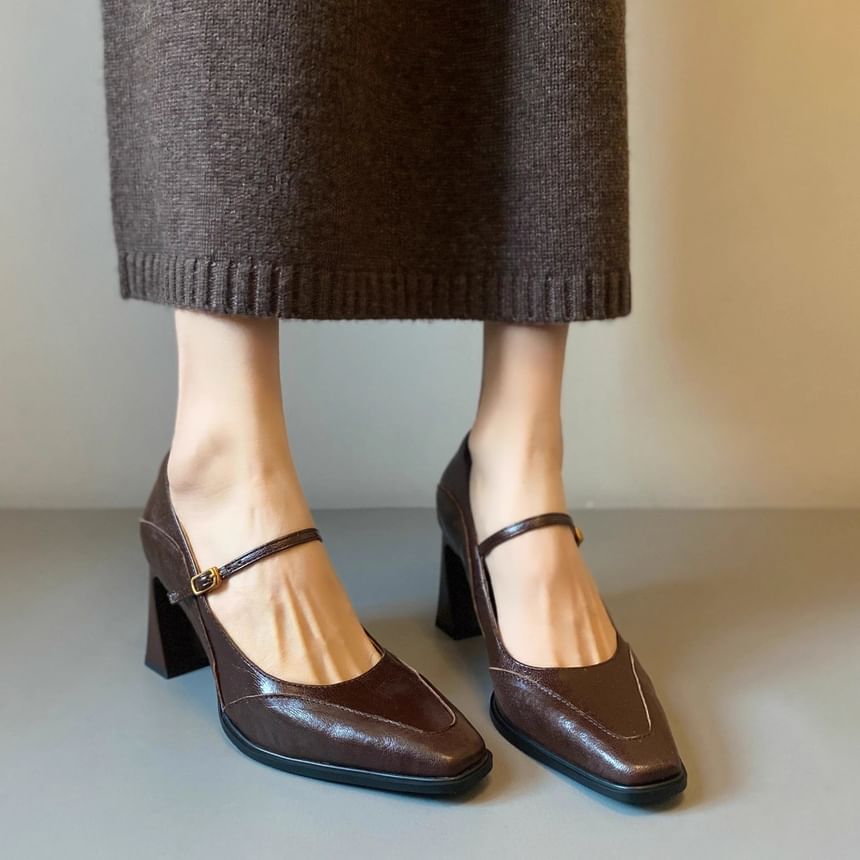 Mary Heel Chunky Faux Jane Shoes Leather