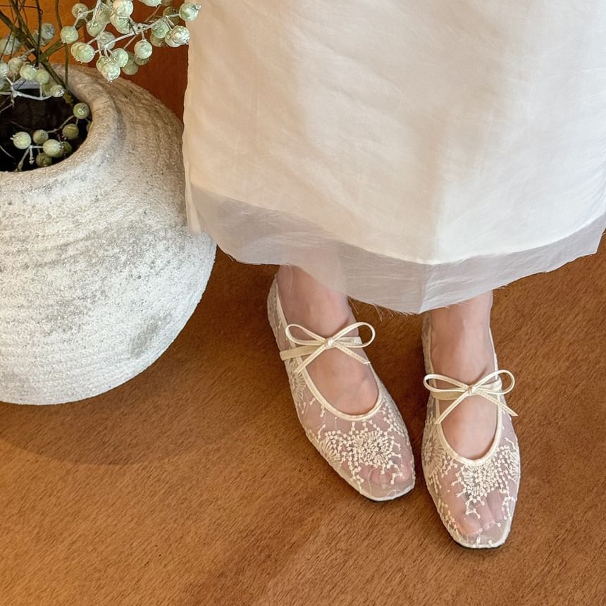 Flat Floral Mary Shoes Mesh Jane