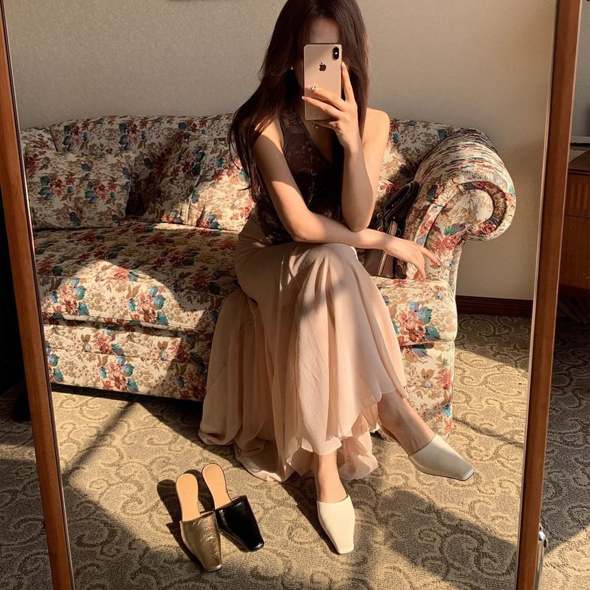 Faux Mules Leather Square Kitten Heel Toe