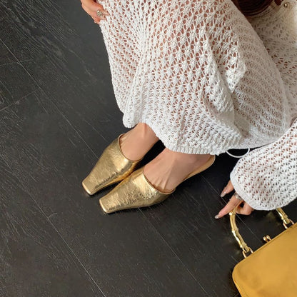 Faux Mules Leather Square Kitten Heel Toe