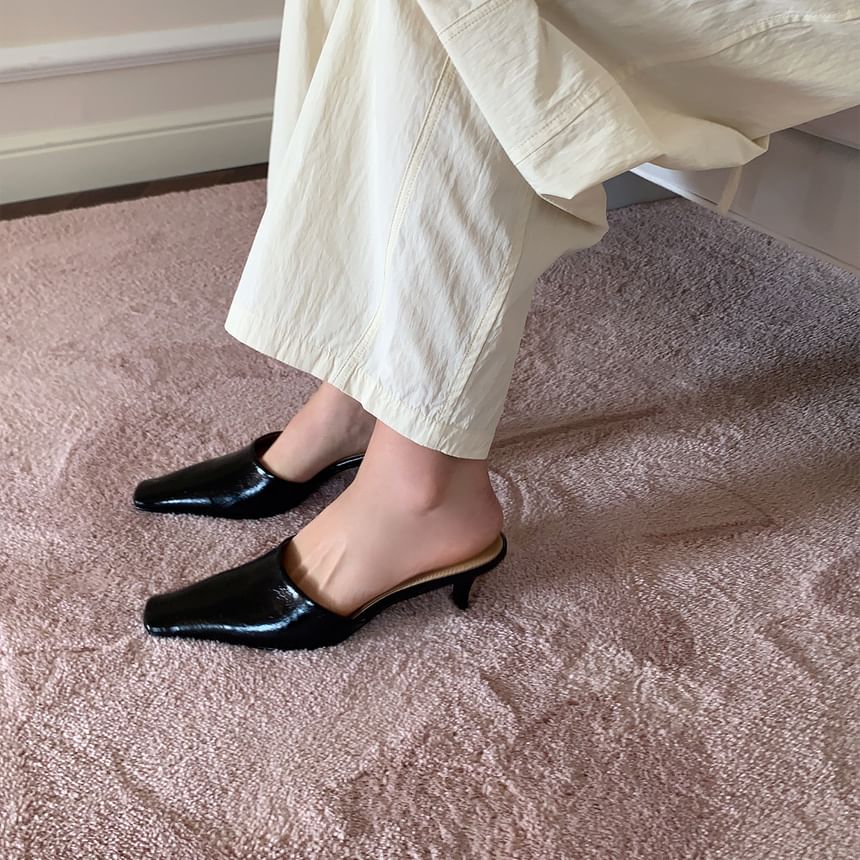 Faux Mules Leather Square Kitten Heel Toe