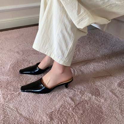 Faux Mules Leather Square Kitten Heel Toe