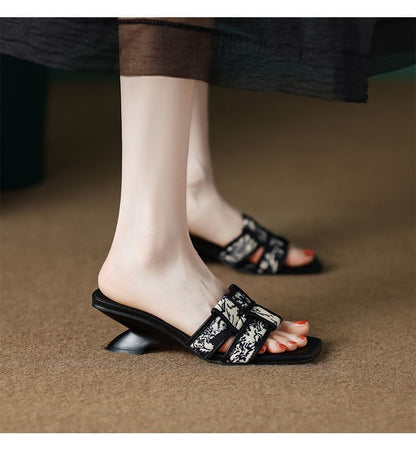 Woven Print Slide Heel Wedge Sandals