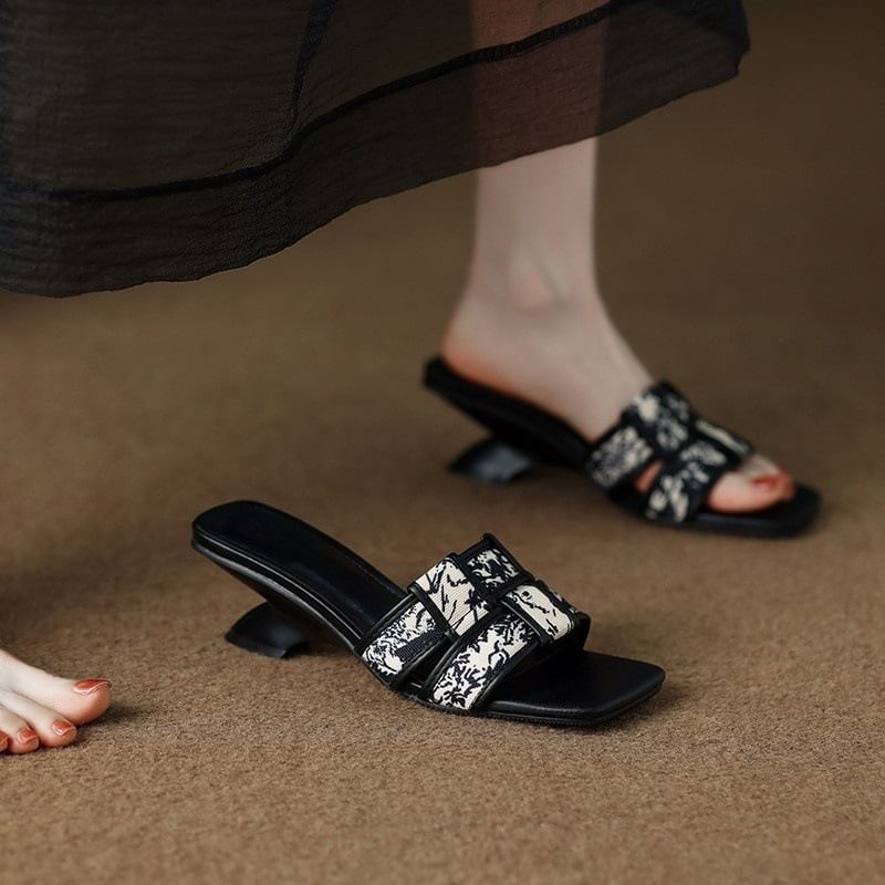 Woven Print Slide Heel Wedge Sandals