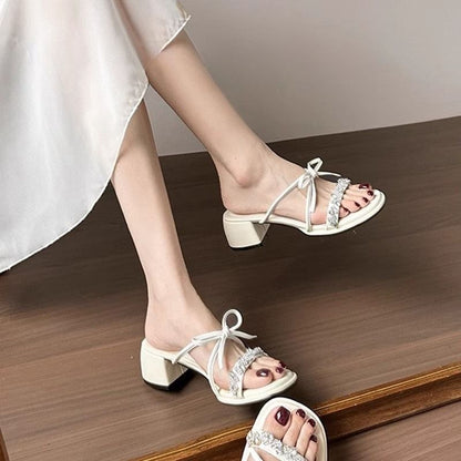Sandals Heel Chunky Rhinestone Slide Bow