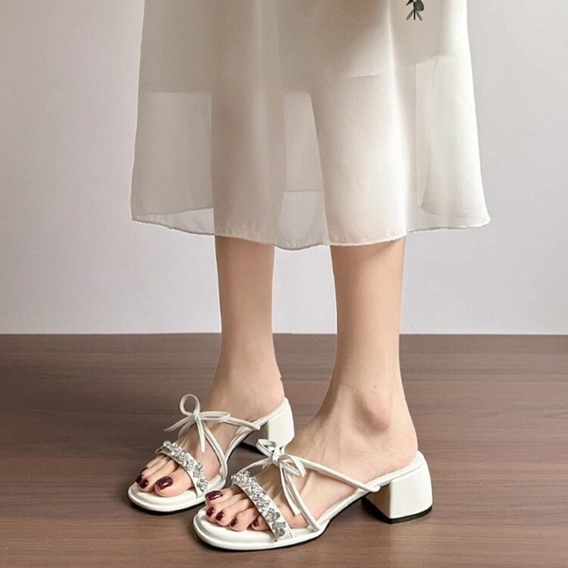 Sandals Heel Chunky Rhinestone Slide Bow