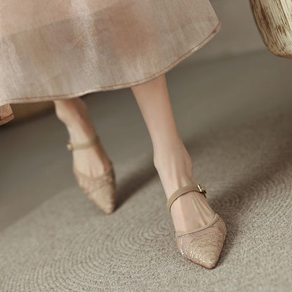 Pointed Heel Floral Kitten Toe Mules Mesh