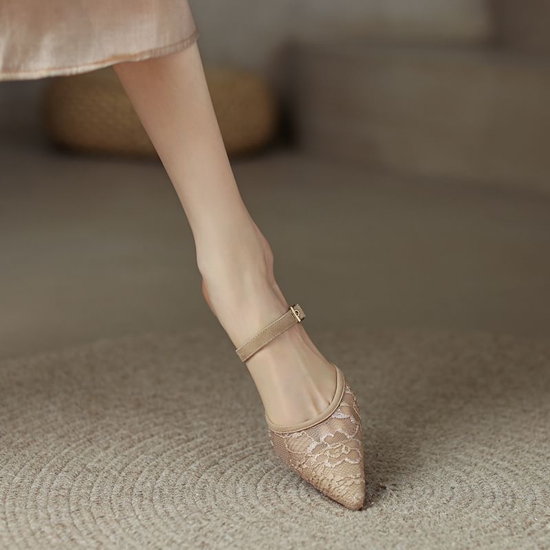 Pointed Heel Floral Kitten Toe Mules Mesh