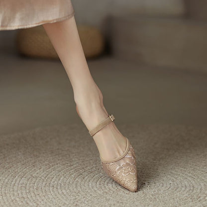 Pointed Heel Floral Kitten Toe Mules Mesh