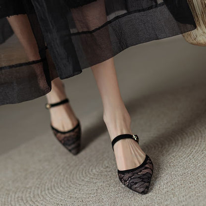 Pointed Heel Floral Kitten Toe Mules Mesh