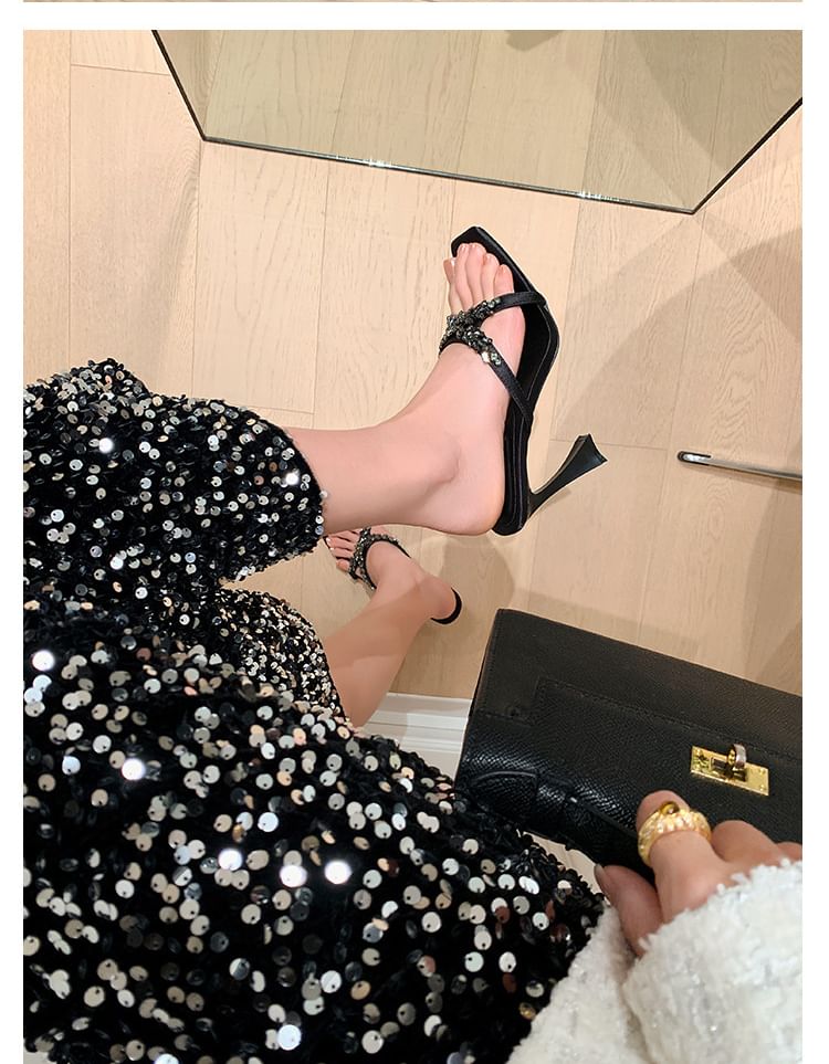 Cross Heel Slide High Rhinestone Criss Sandals