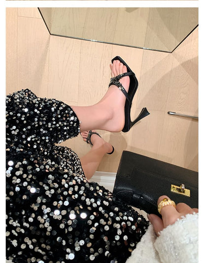 Cross Heel Slide High Rhinestone Criss Sandals