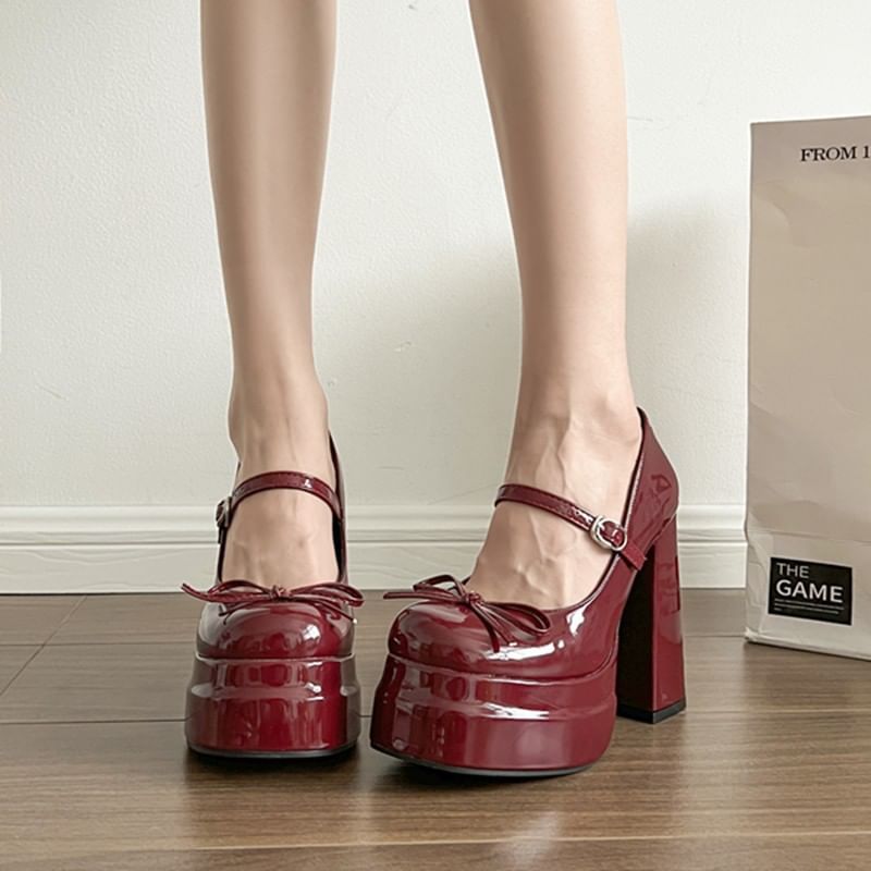 Chunky Platform Bow Mary Shoes Heel Jane