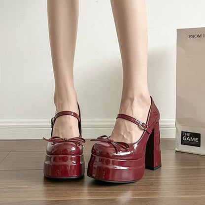 Chunky Platform Bow Mary Shoes Heel Jane