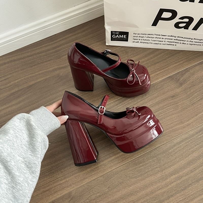 Chunky Platform Bow Mary Shoes Heel Jane