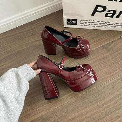 Chunky Platform Bow Mary Shoes Heel Jane