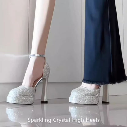Heel Chunky Glitter Pumps Ankle Platform D'Orsay Strap