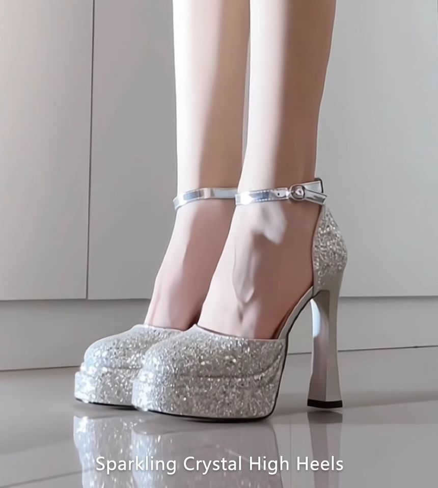 Heel Chunky Glitter Pumps Ankle Platform D'Orsay Strap