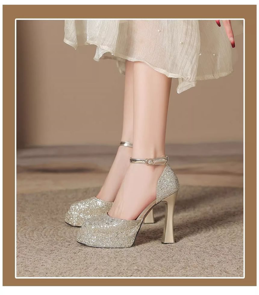 Heel Chunky Glitter Pumps Ankle Platform D'Orsay Strap