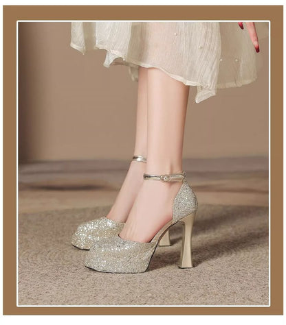 Heel Chunky Glitter Pumps Ankle Platform D'Orsay Strap