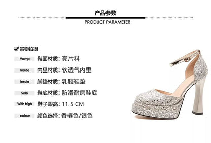 Heel Chunky Glitter Pumps Ankle Platform D'Orsay Strap