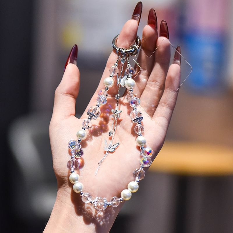 Strap Pad Faux Phone Butterfly with Wrist Lanyard Pearl