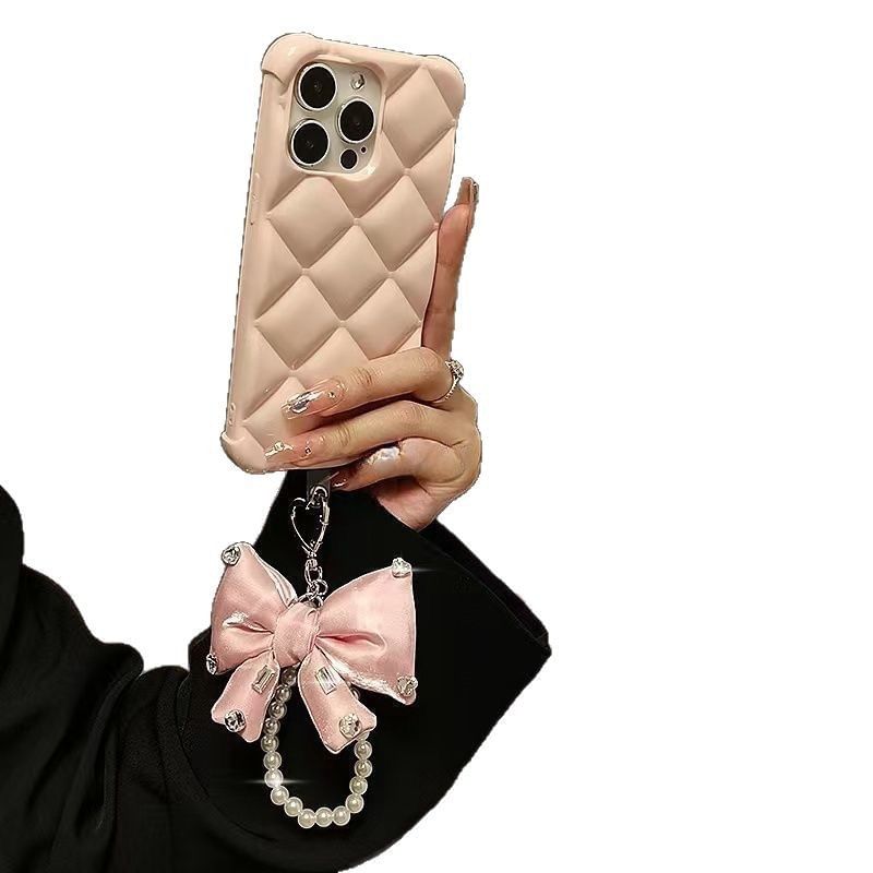 Bow with Rhinestone Charm Pearl Pad Faux Phone Lanyard