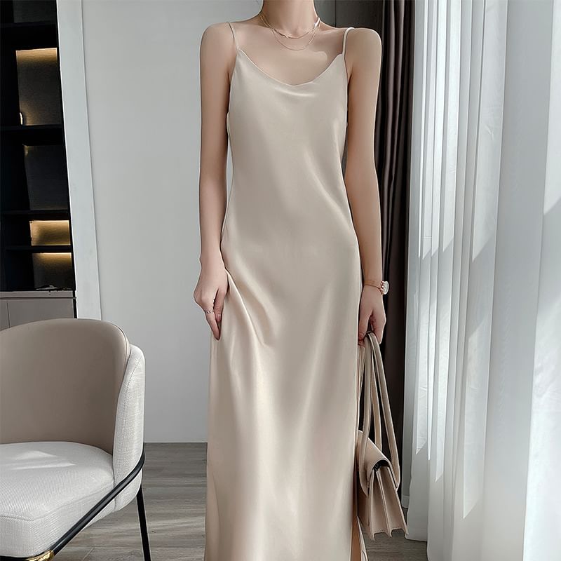 A-Line Strap Satin Dress V-Neck Plain Midi Spaghetti