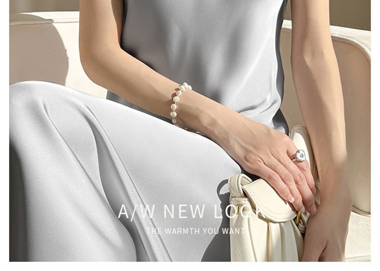 A-Line Strap Satin Dress V-Neck Plain Midi Spaghetti