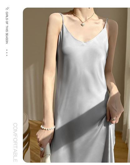 A-Line Strap Satin Dress V-Neck Plain Midi Spaghetti