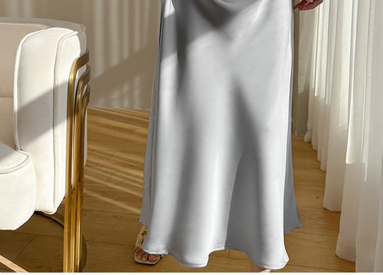 Dress Satin Midi Spaghetti Strap Plain V-Neck A-Line