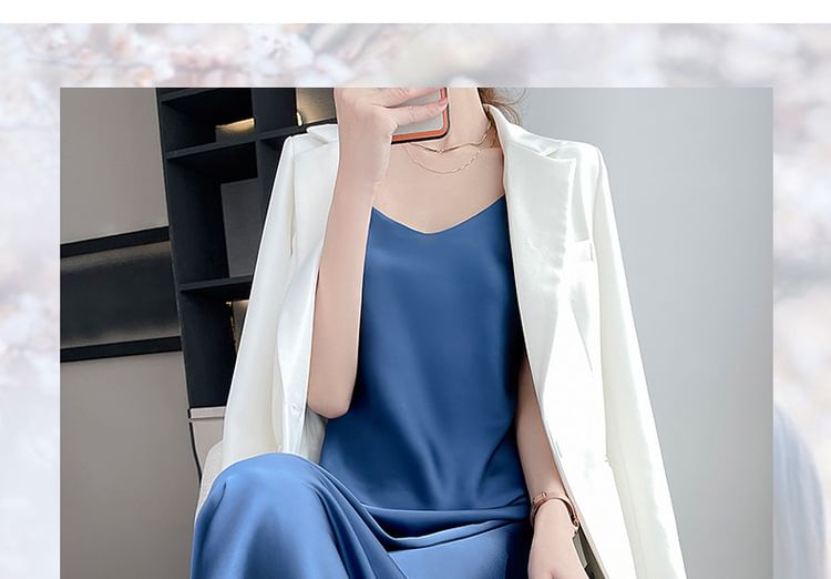 Dress Satin Midi Spaghetti Strap Plain V-Neck A-Line