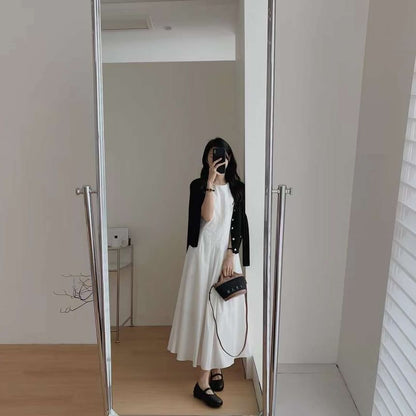 Pleated Midi Neck Plain Dress Crew Sleeveless A-Line