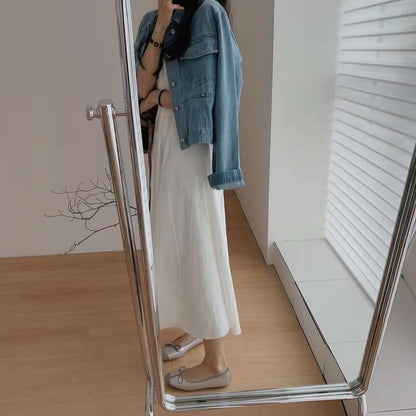 Pleated Dress Midi Neck A-Line Plain Crew Sleeveless