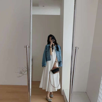 Pleated Dress Midi Neck A-Line Plain Crew Sleeveless