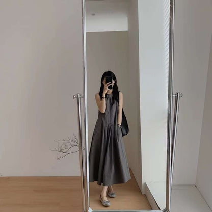 Pleated Dress Midi Neck A-Line Plain Crew Sleeveless