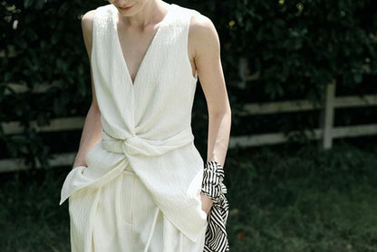 V-Neck Rise High Tank Plain Leg Knot Wide Top Pants Slit /