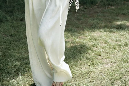 V-Neck Rise High Tank Plain Leg Knot Wide Top Pants Slit /