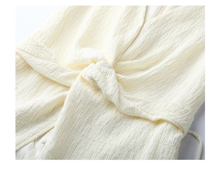 V-Neck Rise High Tank Plain Leg Knot Wide Top Pants Slit /