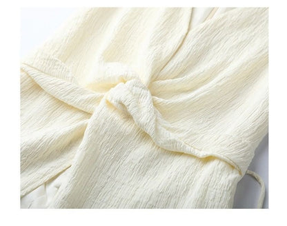 V-Neck Rise High Tank Plain Leg Knot Wide Top Pants Slit /