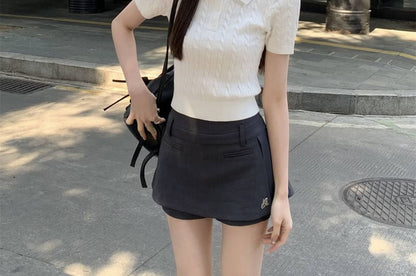 Crop Polo Cable Plain Knit Shirt Short-Sleeve