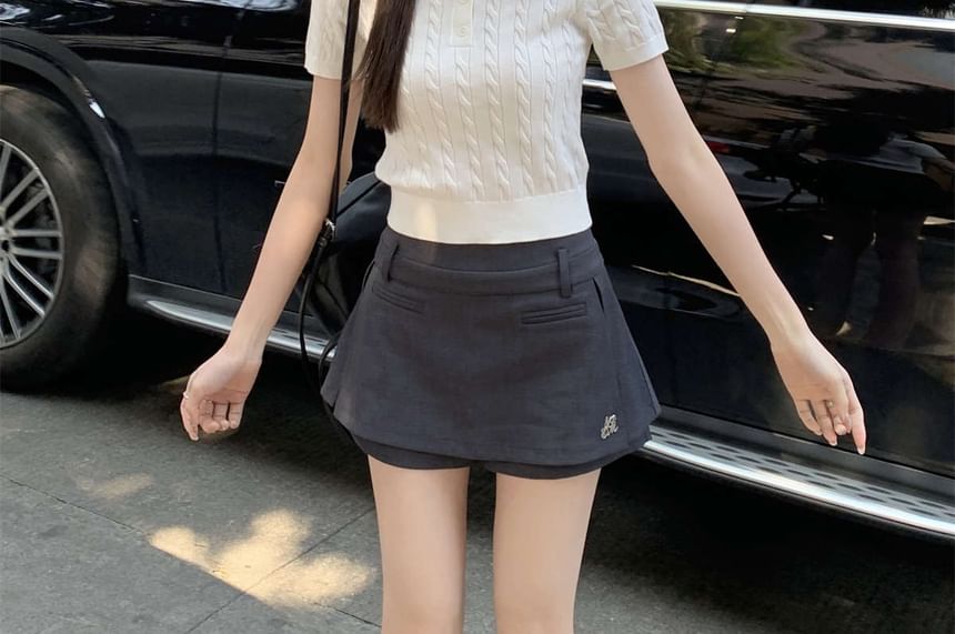 Crop Shirt Polo Plain Cable Knit Short-Sleeve