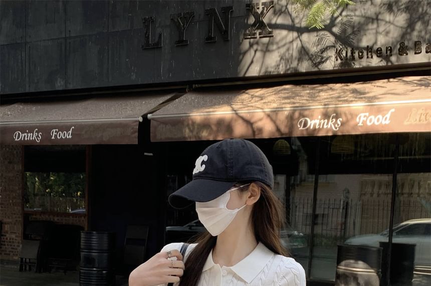 Crop Polo Cable Plain Knit Shirt Short-Sleeve