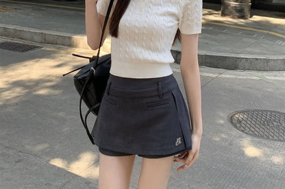 Crop Polo Cable Plain Knit Shirt Short-Sleeve