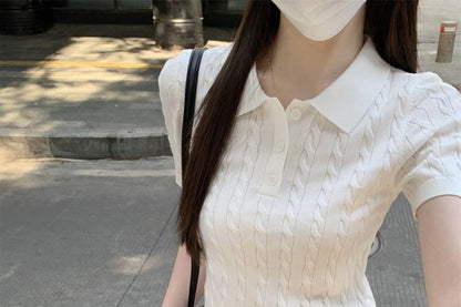 Crop Polo Cable Plain Knit Shirt Short-Sleeve