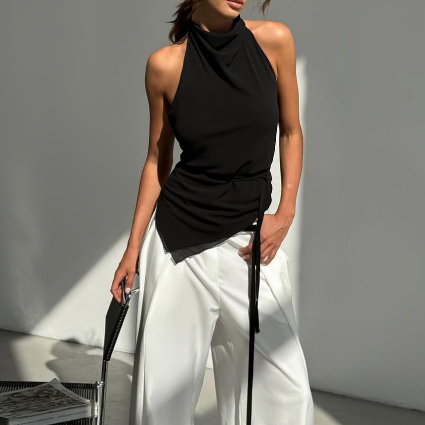 Mock Top Plain Open Halter Back Neck Asymmetrical Crop Slim Fit