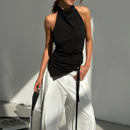 Mock Top Plain Open Halter Back Neck Asymmetrical Crop Slim Fit