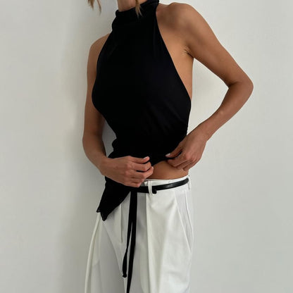 Asymmetrical Halter Mock Fit Plain Back Open Top Neck Slim Crop