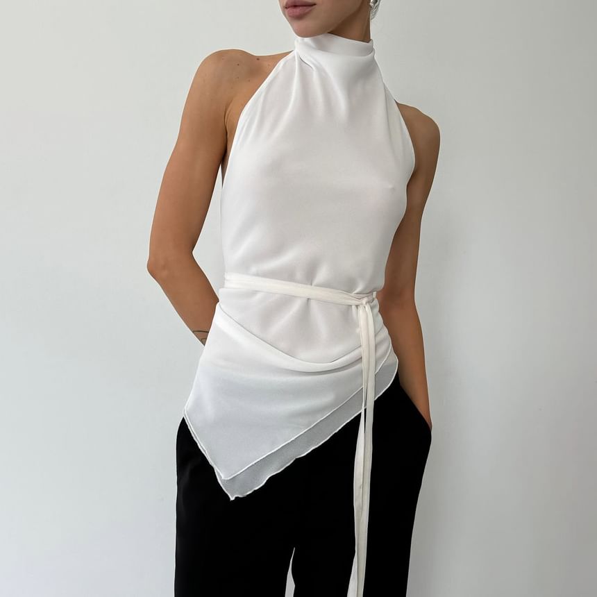 Mock Top Plain Open Halter Back Neck Asymmetrical Crop Slim Fit